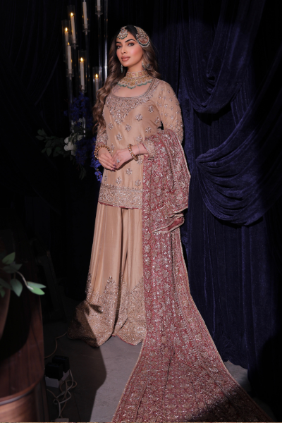 BEIGE SHARARA WITH JAAL DUPATTA